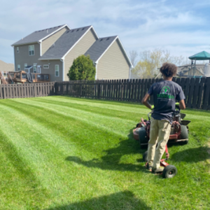 employee on lawn mower cutting grass